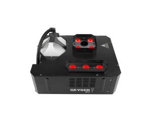 Chauvet Geyser P7 vertical fogger machine with illuminated red LEDs, showing front and top design with fluid tank.