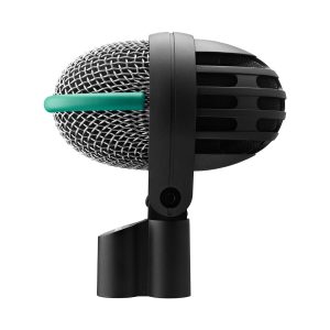 Side profile of the AKG D112 MKII dynamic bass drum microphone showing grille and body design.