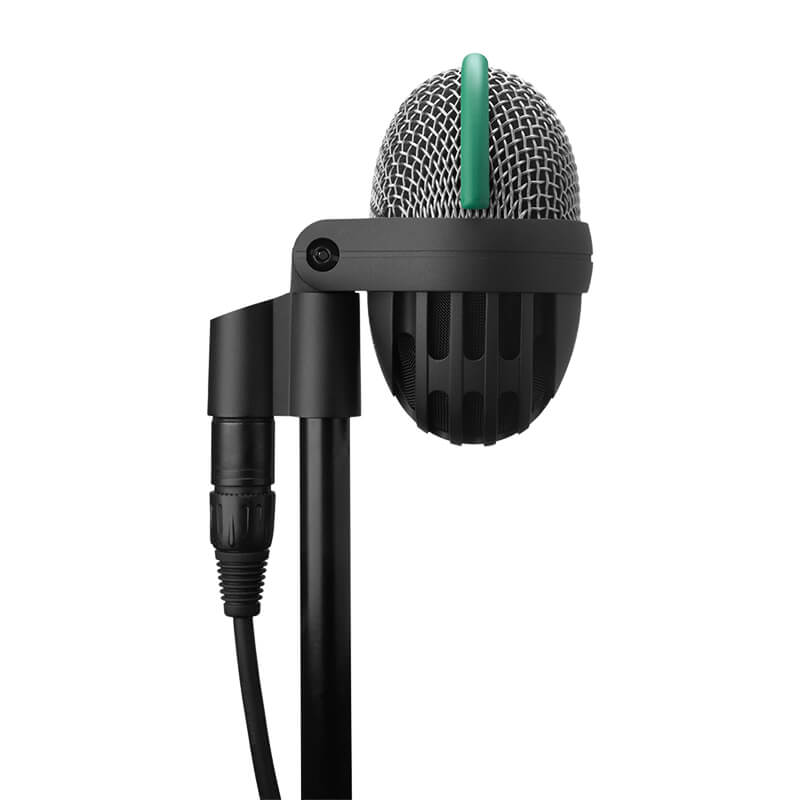 AKG D112 MKII microphone mounted on a stand with XLR cable connected, side view.
