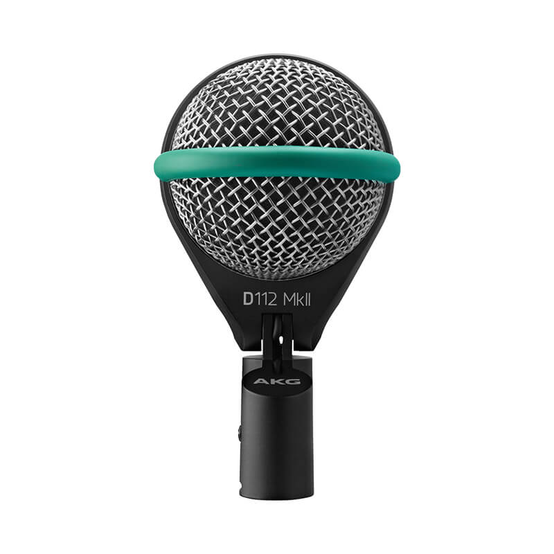 Front view of the AKG D112 MKII dynamic bass drum microphone with silver grille and green band.