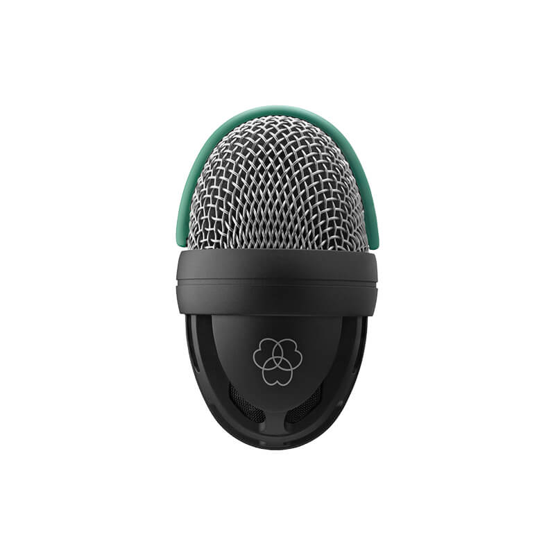 op view of the AKG D112 MKII microphone highlighting its grille and AKG logo on the rear housing.