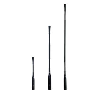 Three AKG GN30 E lectern microphones shown in different gooseneck lengths, displaying the adjustable design for various speaking setups.