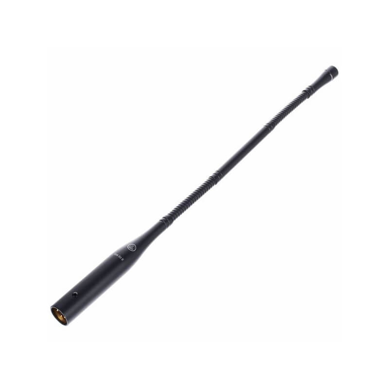 Side-angled view of the AKG GN 30 E lectern microphone showing its flexible gooseneck and XLR connector for podium or conference use.