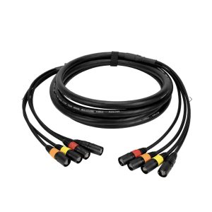 Black CAT5E 75m Tourgrade 4-Way etherCON Loom cable with four colour-coded connectors on each end, coiled on a white background.