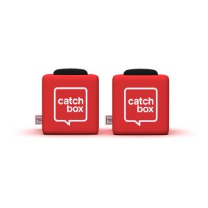 Two red Catchbox audience mic kit with white logo, designed as soft throwable cubes
