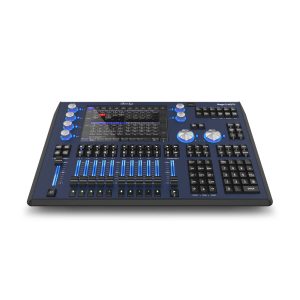 Front angled view of the Chamsys MagicQ MQ70 lighting console showing its touchscreen display, faders, and illuminated control knobs.