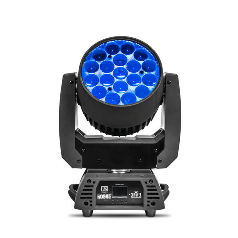 Front view of the Chauvet R2 Wash 15 moving head wash light featuring a full array of glowing blue LEDs.