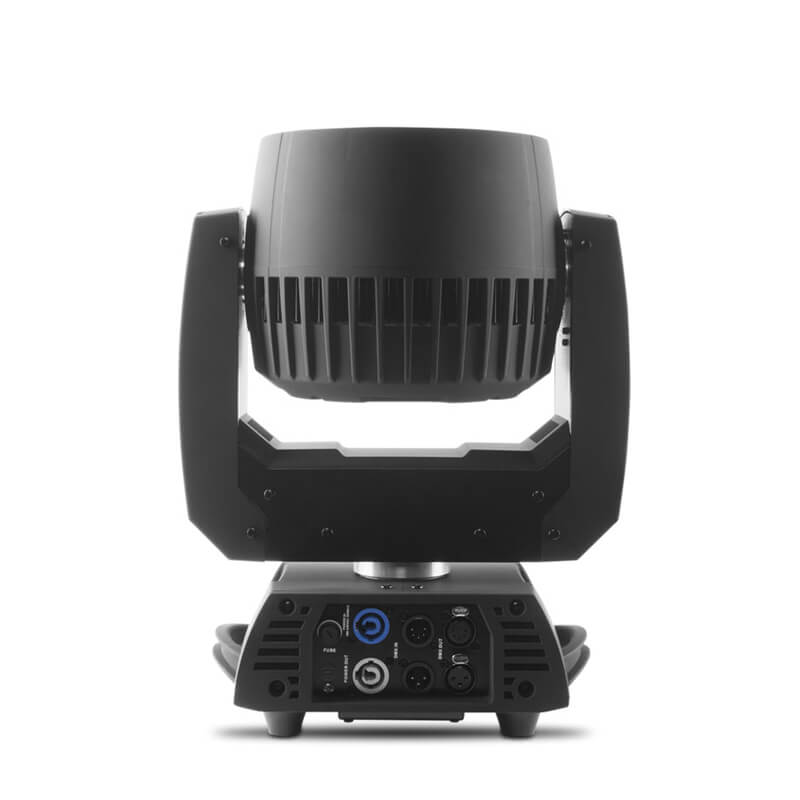 Rear view of Chauvet R2 Wash 15 LED moving head showing powerCON connectors, DMX input and output ports, and cooling vents.