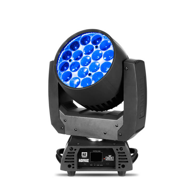 Side angled photo of the Chauvet R2 Wash 15 LED moving head fixture with bright blue LEDs illuminated.