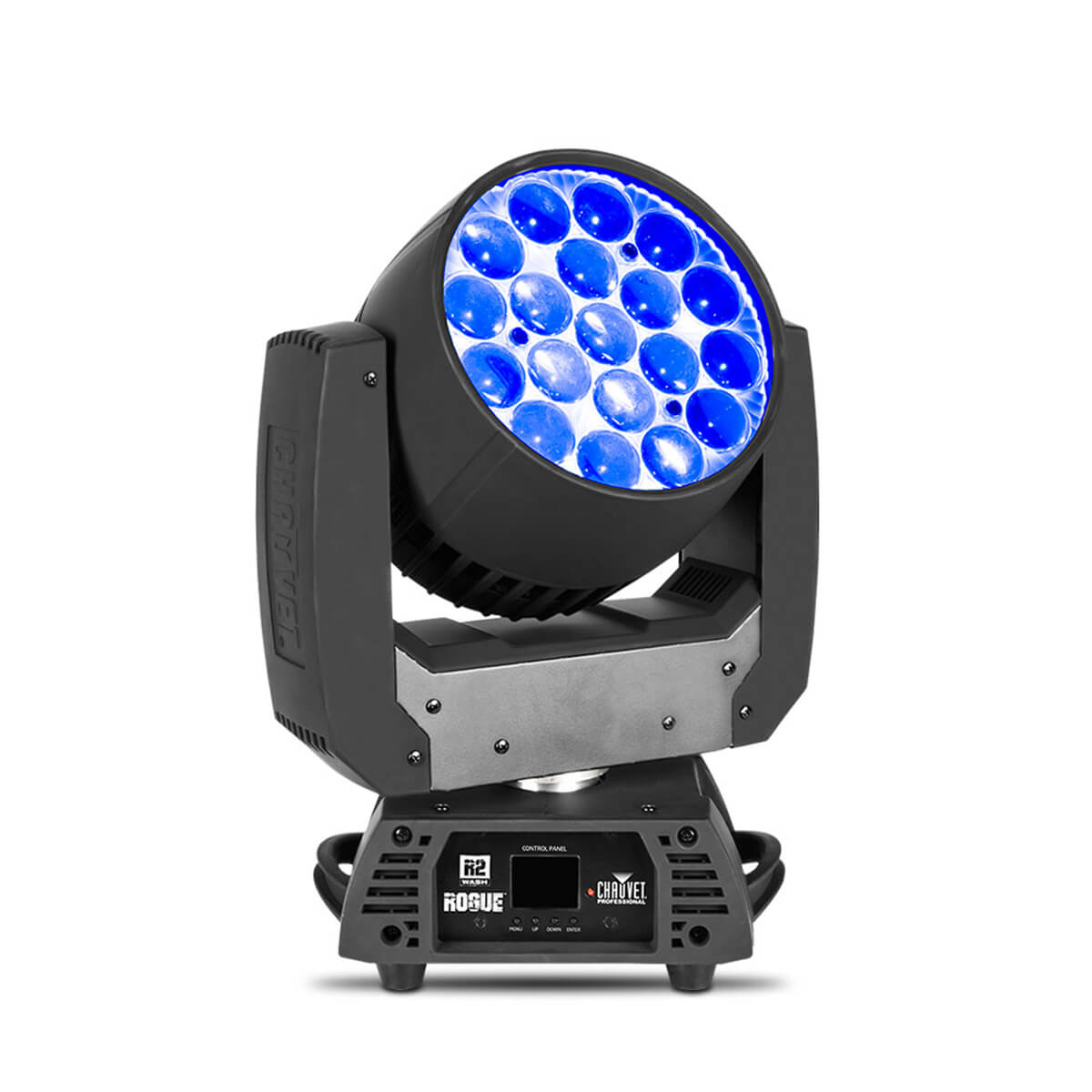 Front angled view of the Chauvet R2 Wash 15 LED moving head wash light showing illuminated blue LEDs and control panel.