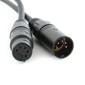 DMX 5 Pin Cable 10m featuring close-up view of male and female XLR connectors on white background.