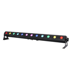 LEDJ Pixel Storm 12 HEX Batten lighting fixture with twelve multicoloured LED lights in a slim black housing
