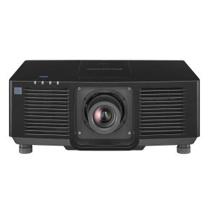 Panasonic PT-MZ880 laser projector front view in black with lens and control panel visible