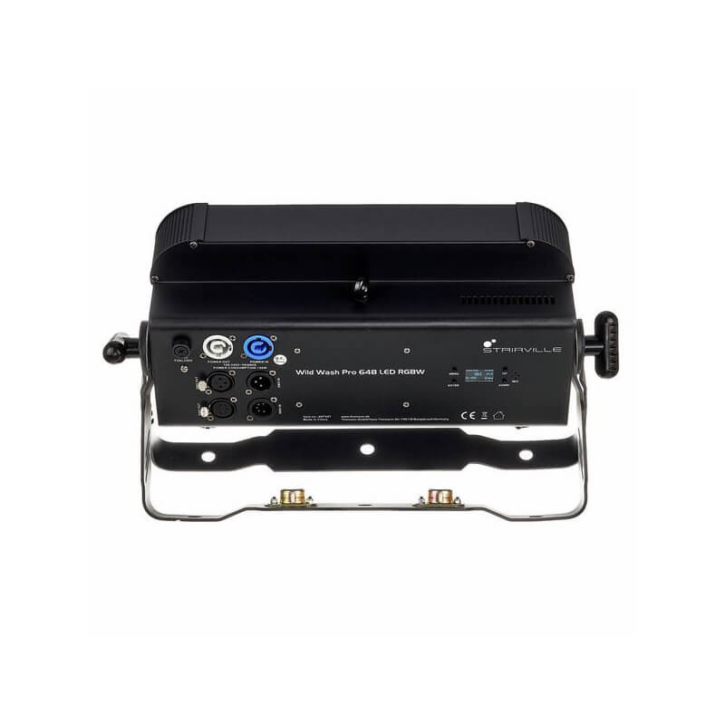 Rear view of Stairville Wild Wash Pro 648 RGBW LED light showing DMX, PowerCon, and control panel connections.